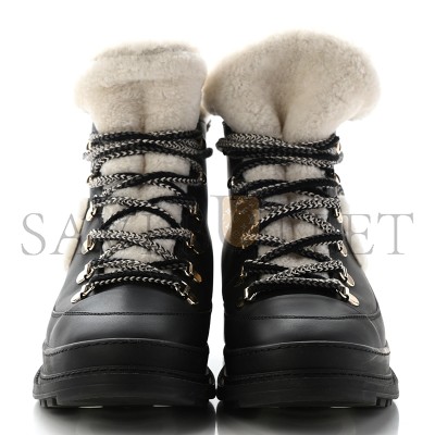 CHANEL CALFSKIN SHEARLING CC LACE UP BOOTS ‎G35376